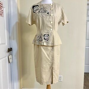 Mijoli Vintage 80’ Sequins embroidered ramie linen midi peplum dress size 8
